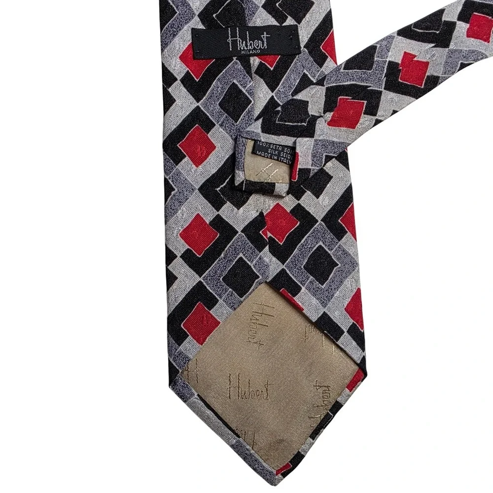 Hubert Milano Geometric Silk Tie Red Black‎ Gray Men's Luxury Italian Made